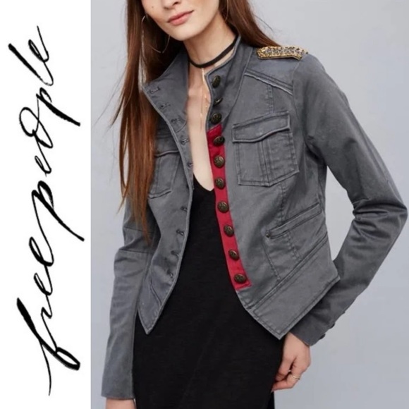 Free People Jackets & Blazers - Free People Gray Utility Military Jacket with Red Trim and Gold Epaulets